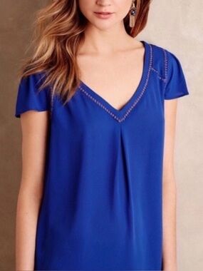 Anthropologie MAEVE Blue Flutter Sleeve v-neck top chiffon blouse Sz 10 M EUC